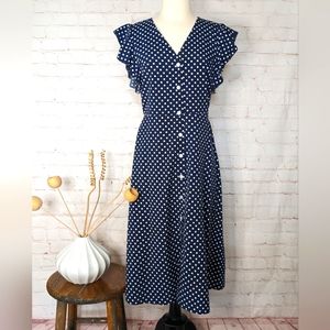 🌞🌞Navy Polka Dot Dress Ruffles Button Front Midi Summer Style